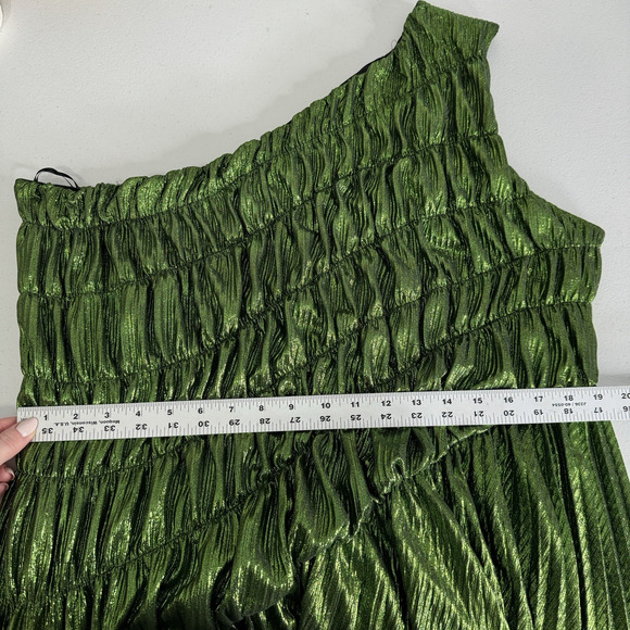 Akira Stay Radiant Metallic Maxi Womens 2X Green One Shoulder Pleated Gown Prom - Picture 10 of 14
